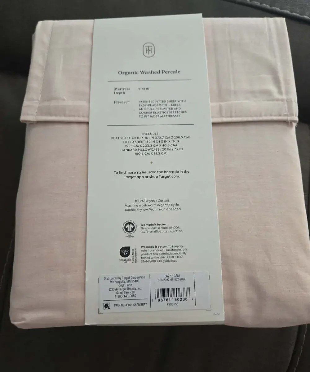 Threshold Organic Washed Percale Sheet White light pink twin xl